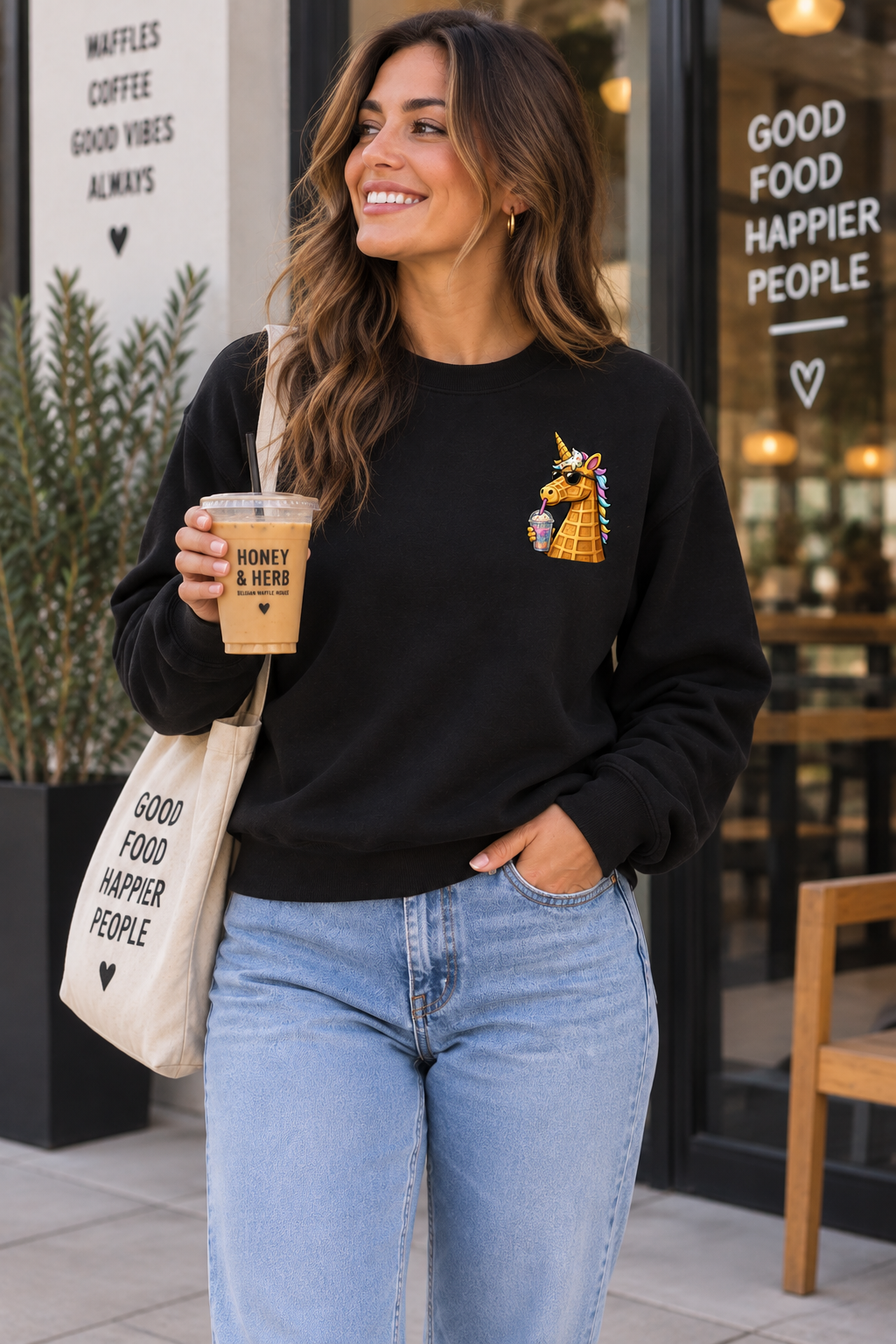 20260911041813-1f1ad97c-de8c-61c2-8e41-e264df93a7f3-2.png Woman wearing safety pink Honey & Herb Waffle Unicorn sweatshirt holding iced coffee